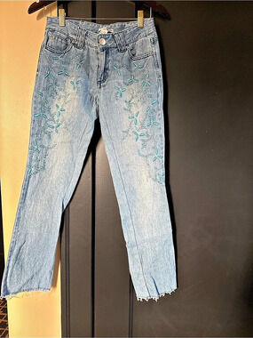 Kenzie Embroidered Straight Leg Jeans in Blue